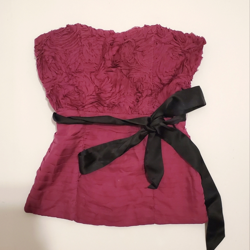 BEBE Women's Berry Purple Ruffle Waist Tie Strapless Corset Top - Size X…